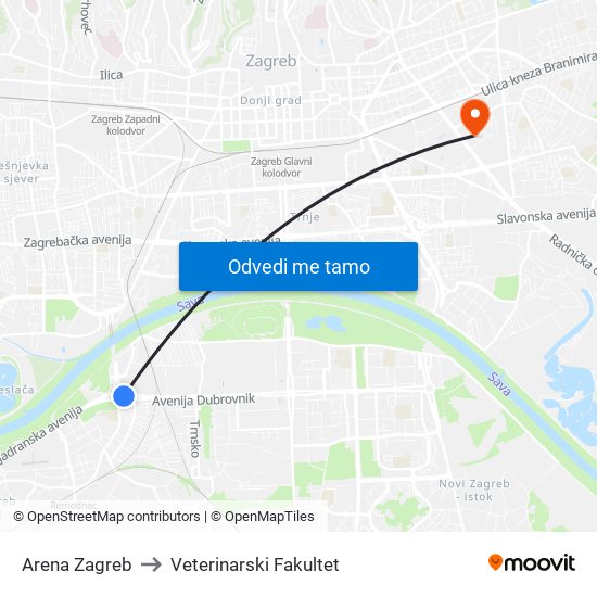 Arena Zagreb to Veterinarski Fakultet map