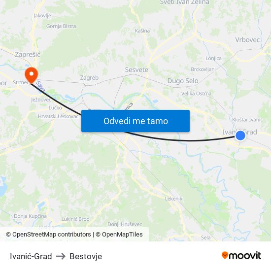 Ivanić-Grad to Bestovje map