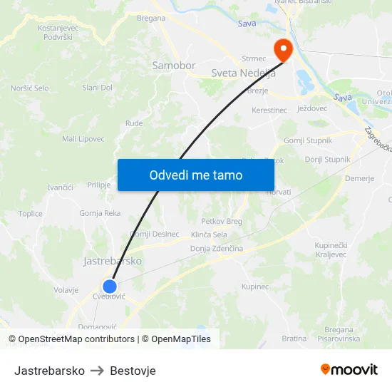 Jastrebarsko to Bestovje map