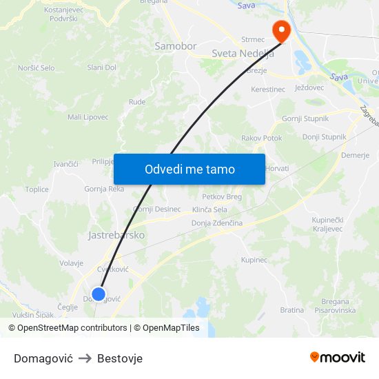 Domagović to Bestovje map
