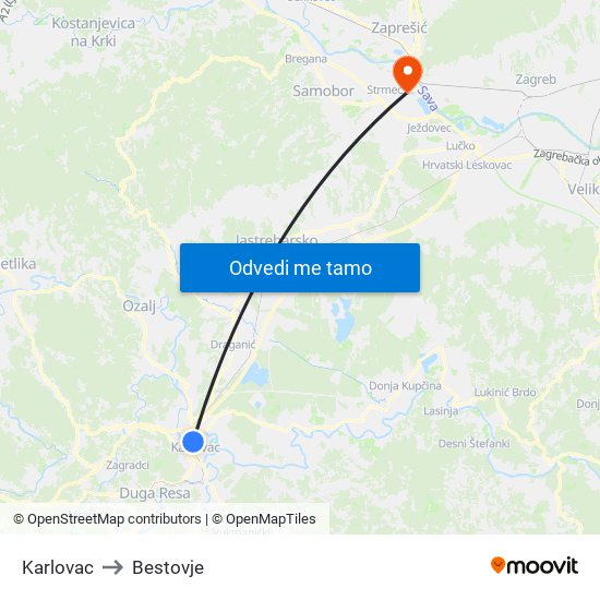 Karlovac to Bestovje map