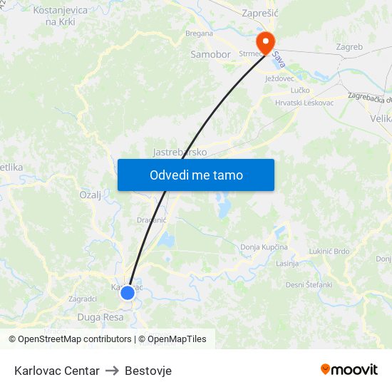 Karlovac Centar to Bestovje map