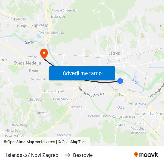 Islandska/ Novi Zagreb 1 to Bestovje map