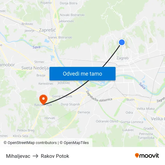 Mihaljevac to Rakov Potok map