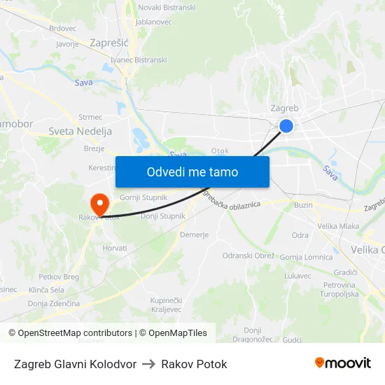 Zagreb Glavni Kolodvor to Rakov Potok map