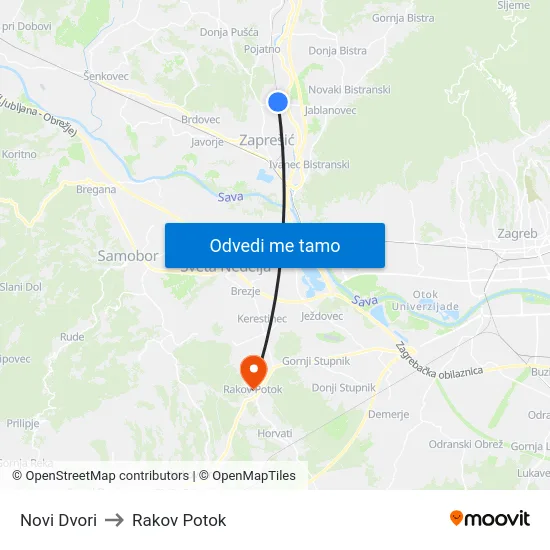 Novi Dvori to Rakov Potok map