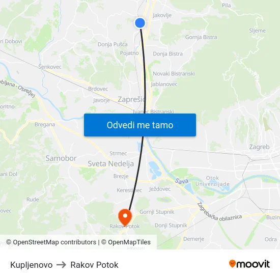 Kupljenovo to Rakov Potok map