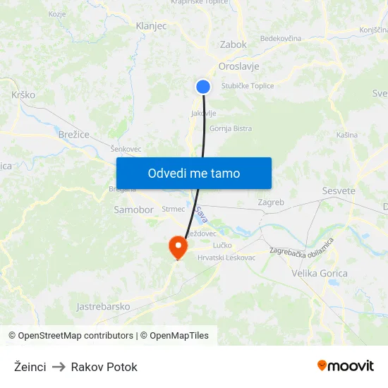 Žeinci to Rakov Potok map