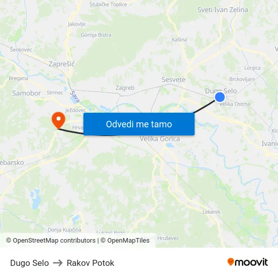 Dugo Selo to Rakov Potok map