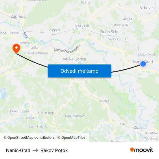 Ivanić-Grad to Rakov Potok map