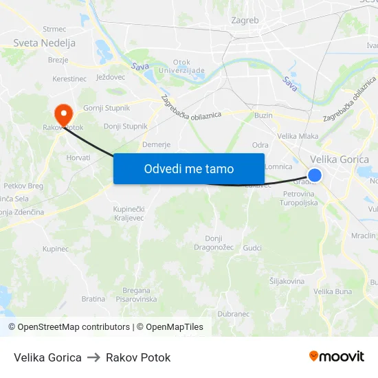 Velika Gorica to Rakov Potok map