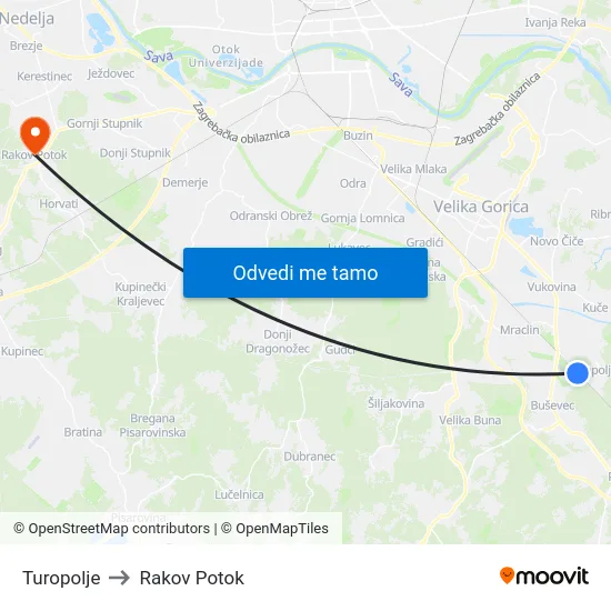 Turopolje to Rakov Potok map