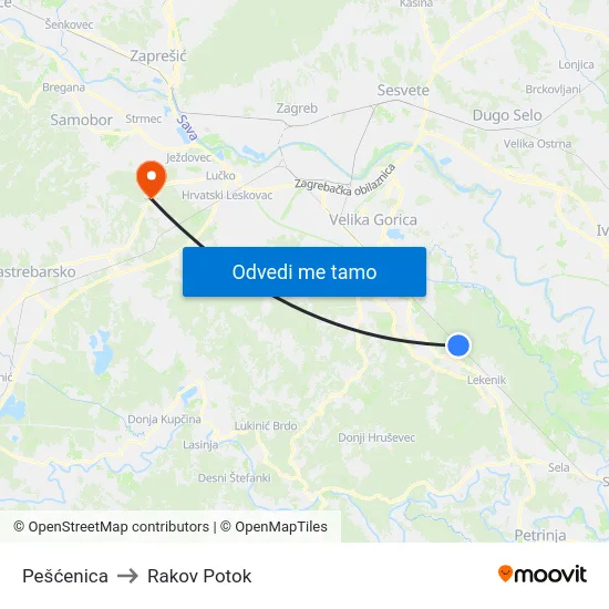 Pešćenica to Rakov Potok map