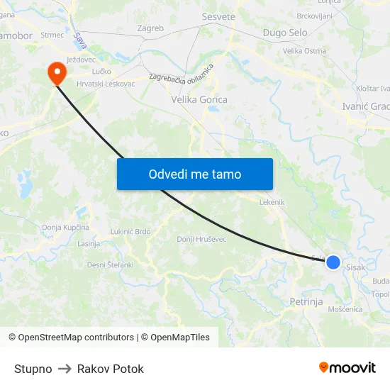 Stupno to Rakov Potok map