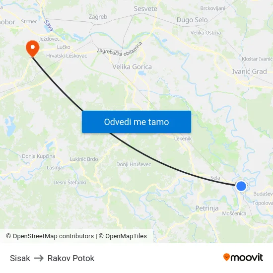 Sisak to Rakov Potok map