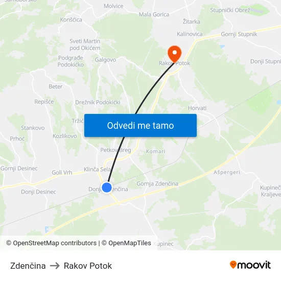 Zdenčina to Rakov Potok map