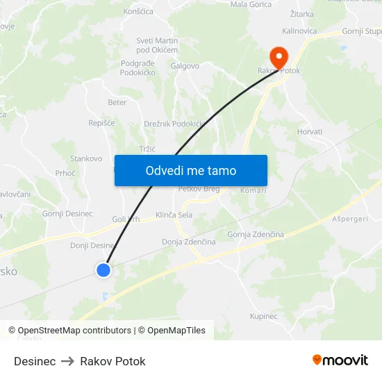Desinec to Rakov Potok map