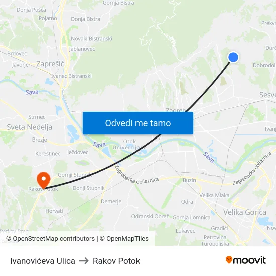 Ivanovićeva Ulica to Rakov Potok map