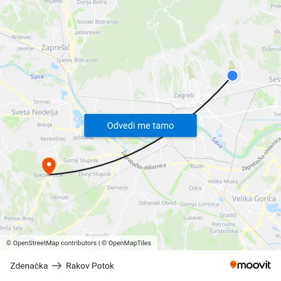 Zdenačka to Rakov Potok map