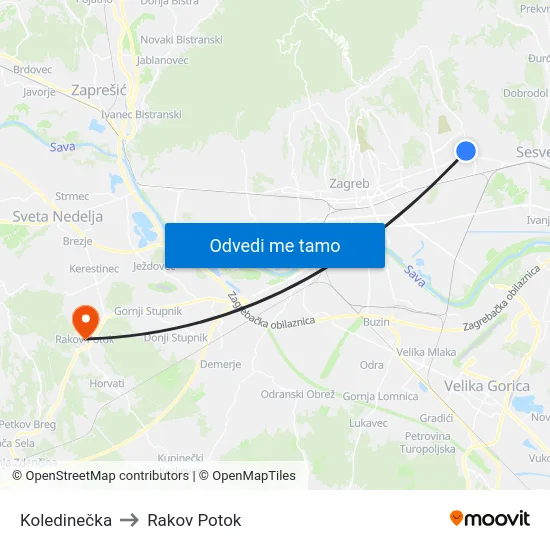 Koledinečka to Rakov Potok map