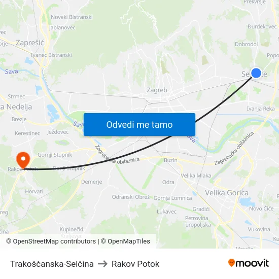 Trakoščanska-Selčina to Rakov Potok map