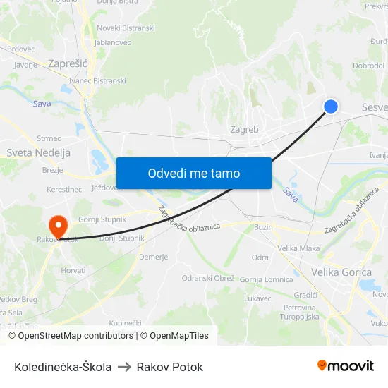 Koledinečka-Škola to Rakov Potok map