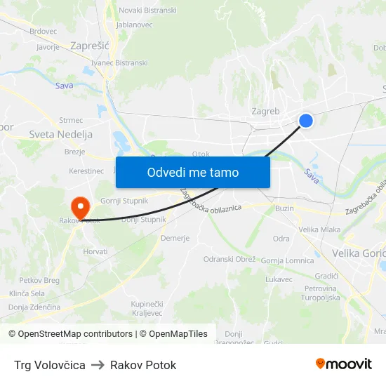 Trg Volovčica to Rakov Potok map