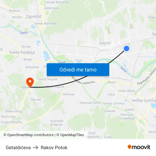 Getaldićeva to Rakov Potok map