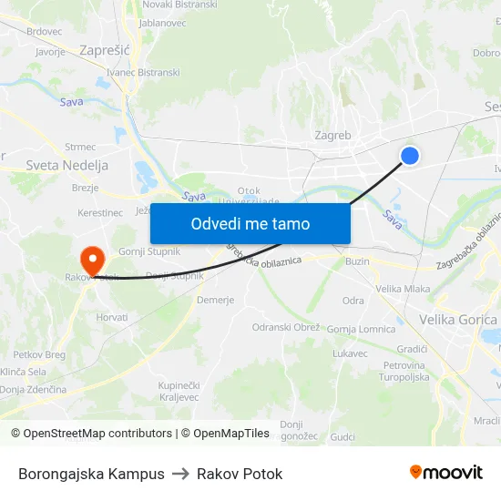 Borongajska Kampus to Rakov Potok map