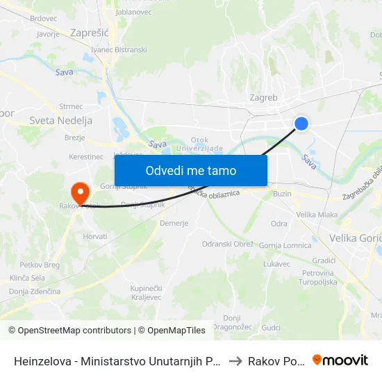 Heinzelova - Ministarstvo Unutarnjih Poslova to Rakov Potok map
