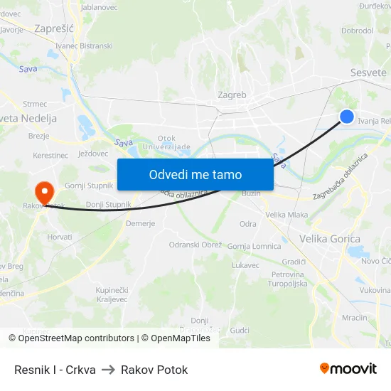 Resnik I - Crkva to Rakov Potok map