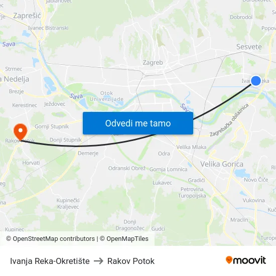 Ivanja Reka-Okretište to Rakov Potok map