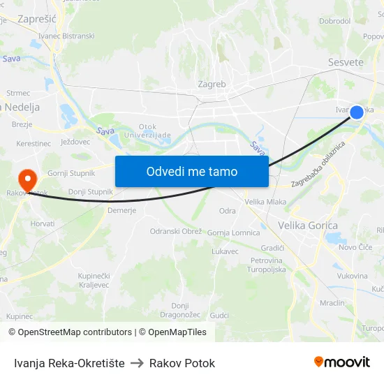 Ivanja Reka-Okretište to Rakov Potok map