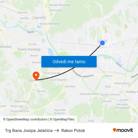 Trg Bana Josipa Jelačića to Rakov Potok map