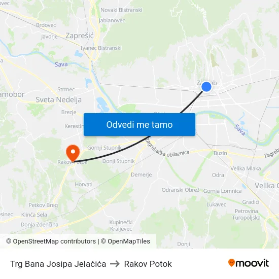 Trg Bana Josipa Jelačića to Rakov Potok map