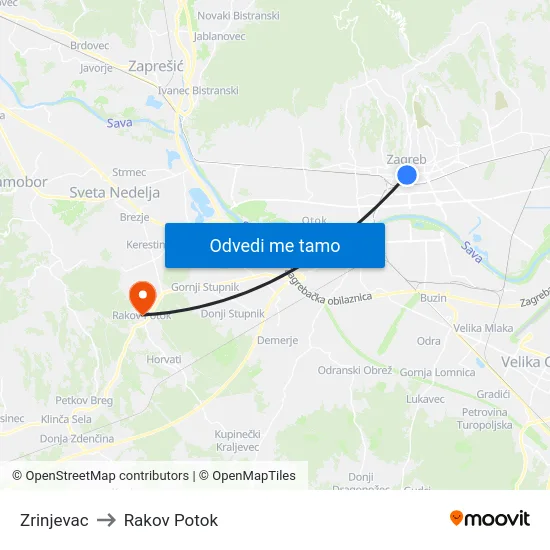Zrinjevac to Rakov Potok map