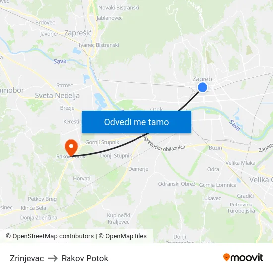 Zrinjevac to Rakov Potok map