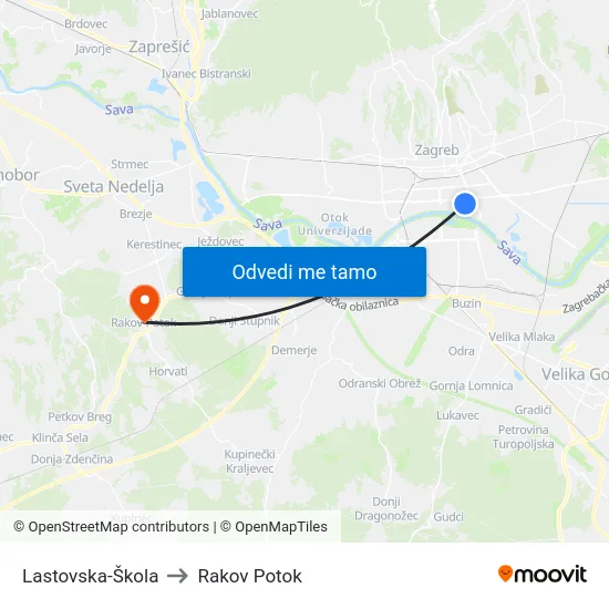 Lastovska-Škola to Rakov Potok map