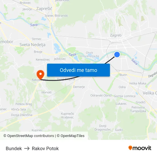 Bundek to Rakov Potok map