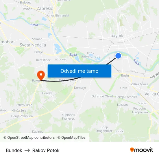 Bundek to Rakov Potok map