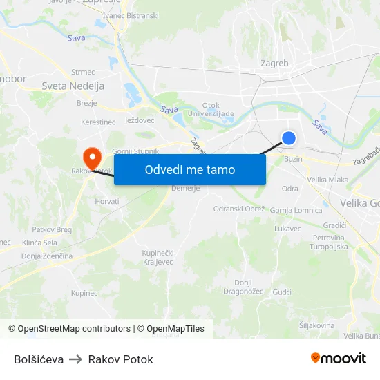 Bolšićeva to Rakov Potok map