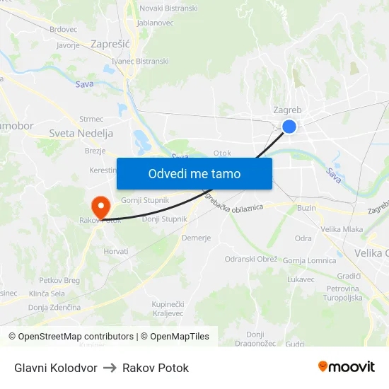 Glavni Kolodvor to Rakov Potok map