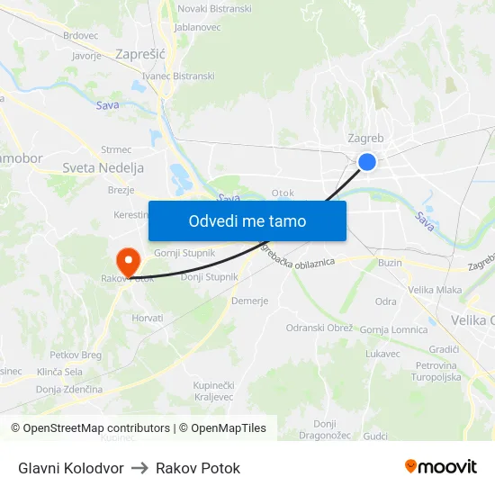 Glavni Kolodvor to Rakov Potok map