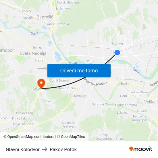 Glavni Kolodvor to Rakov Potok map