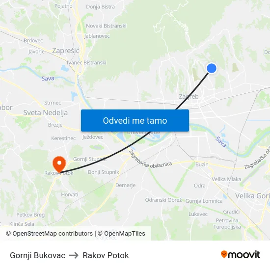 Gornji Bukovac to Rakov Potok map