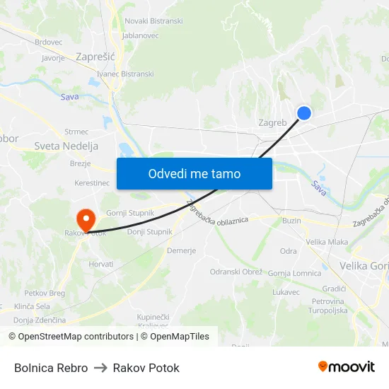 Bolnica Rebro to Rakov Potok map
