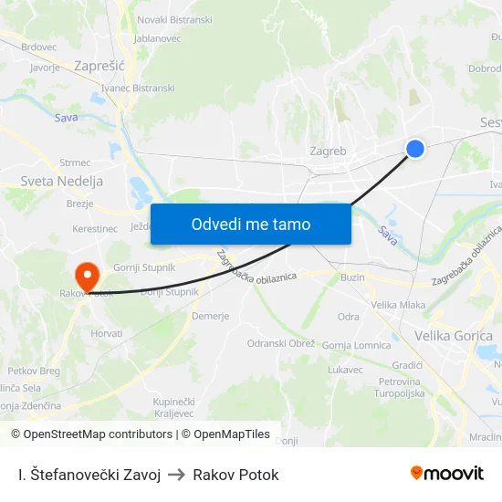 I. Štefanovečki Zavoj to Rakov Potok map