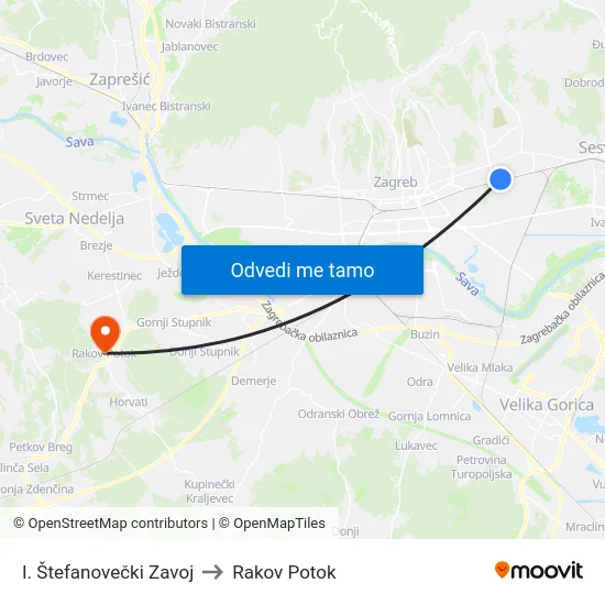 I. Štefanovečki Zavoj to Rakov Potok map