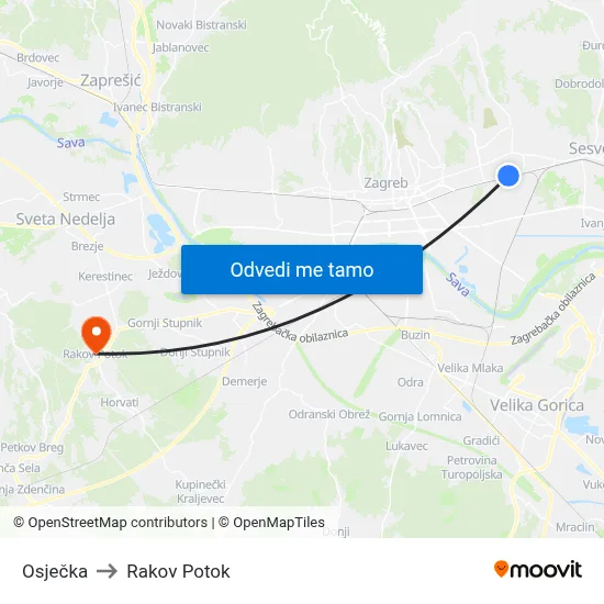 Osječka to Rakov Potok map