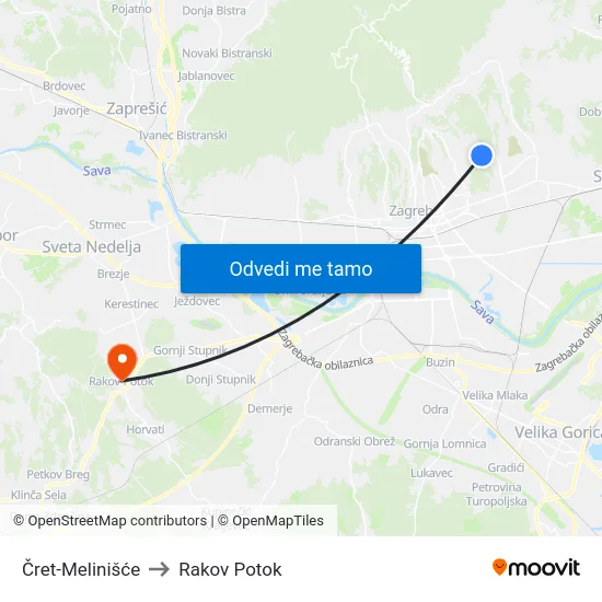 Čret-Melinišće to Rakov Potok map